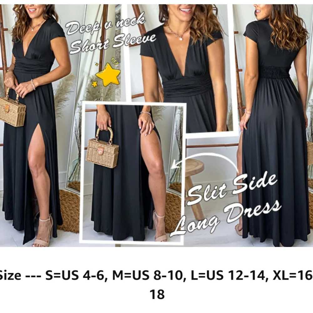 ANRABESS DeepV Neck Short Sleeve NWT Pleated High Waist Slit Maxi Dress Party S - Picture 4 of 16